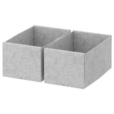 Два серых ящика для хранения КОМПЛИМЕНТ из полиэфирного войлока. Они имеют прямоугольную форму с мягкой текстурой и простым дизайном, идеально подходят для организации предметов.