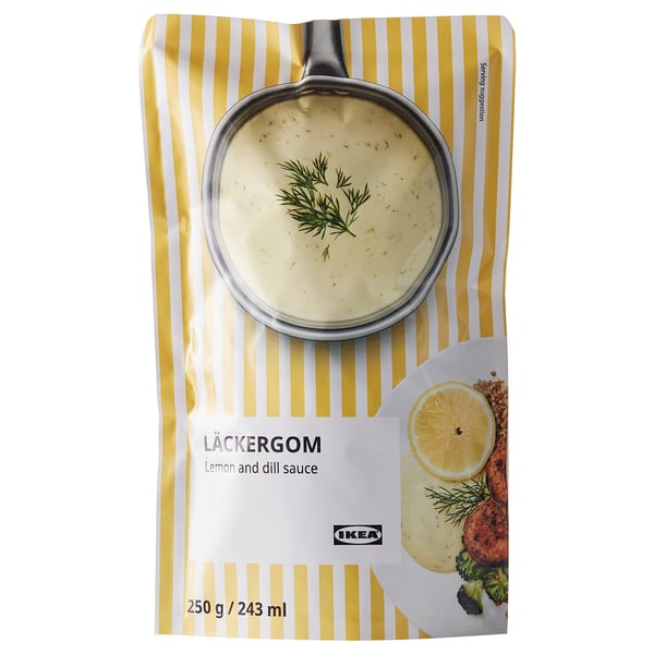 IKEA LÄCKERGOM - пакетик с соусом с лимоном и укропом. Показывает сковороду с соусом, лимоном и зеленью.
