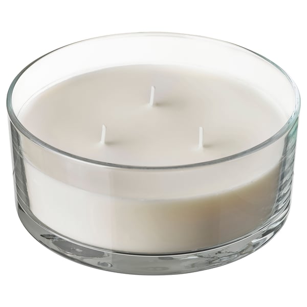 LOTSFÅGEL Ароматич свеча в стакане, 3 фитиля, Ваниль бледно-бежевый, 25 ч