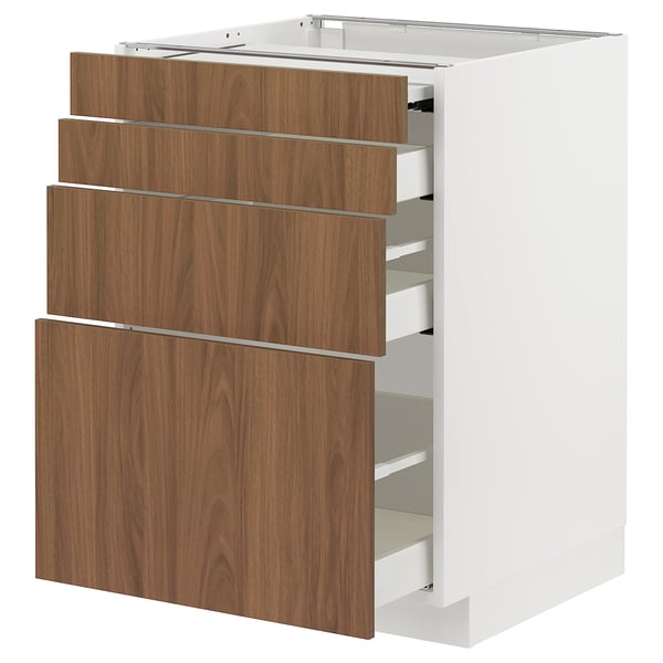 Современный кухонный гарнитур, ящики из белого и орехового дерева, четыре ящика, элегантный дизайн.