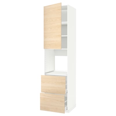 Кухонный гарнитур Ikea METOD, светлый ясень, рисунок дерева, белый каркас, высокий шкаф с открытыми полками, два ящика.