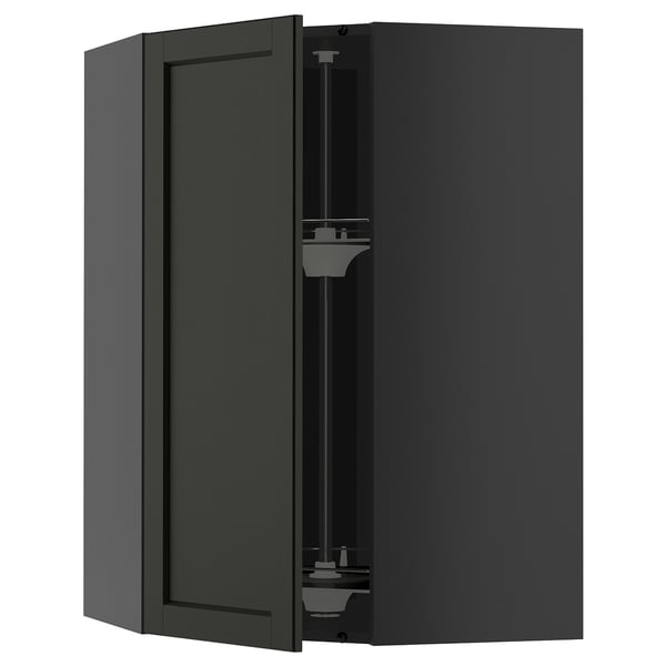 Кухонный шкаф METOD черный мореный с открытой дверцей, дерево ясеня, прямоугольный, классический дизайн.