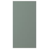 Фасад шкафа NICKEBO серо-зеленого цвета. Он прямоугольный, гладкий и изготовлен из прочной фольги с чистыми прямыми линиями.