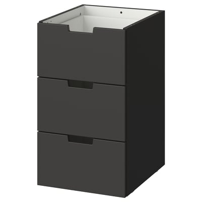 Темно-серый комод NORDLI с тремя ящиками, изготовленный из древесноволокнистого картона и акриловой краски, предназначен для современных пространств.
