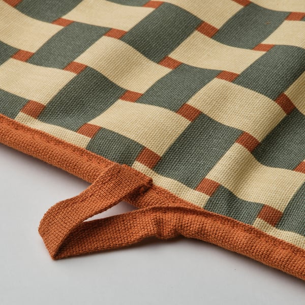 Клетчатая рукавица, оранжевые края и петли, толстые квадраты землистых тонов.