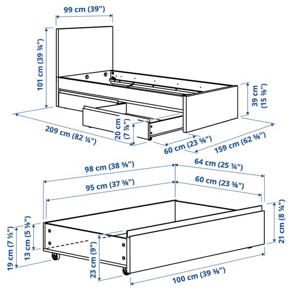 STORKLINTA Каркас кровати с 2 ящиками, белый/Leirsund, 90x200 см