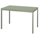 Изображен зеленый раздвижной столик IKEA VIHALS с минималистичным дизайном, с прямоугольной столешницей и четырьмя металлическими ножками.
