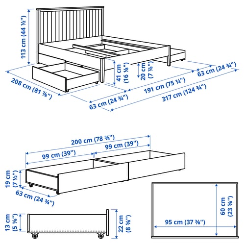 GULLABERG هيكل سرير مع 4 صناديق تخزين, رمادي/Luröy, 180x200 سم