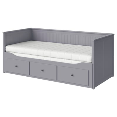 HEMNES سرير نهار بـ3 أدراج/مرتبتين, رمادي/Åfjäll متوسطة الصلابة, 80x200 سم