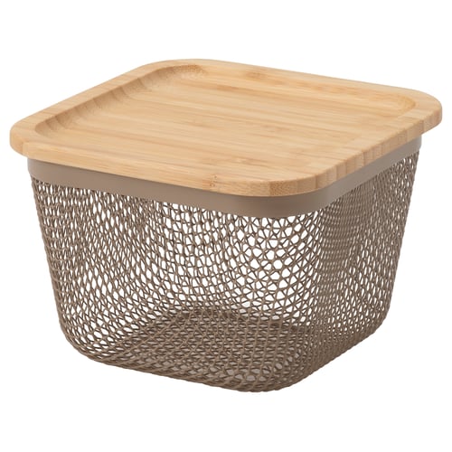 IKEA 365+ سلة تخزين طعام بغطاء, مربّع معدن/رمادي فاتح-بني خيزران, 15x15x11 سم