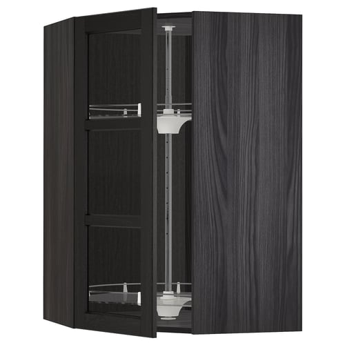 METOD خزانة حائط زاوية+رف دوّار/باب زجاجي, أسود/Lerhyttan أسود, 68x100 سم