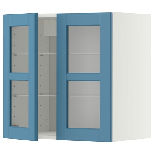 METOD خزانة حائط مع أرفف/بابين زجاجية, أبيض/Lerhyttan أزرق, 60x60 سم