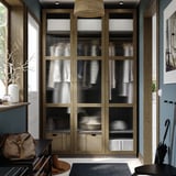 PAX / TONSTAD تشكيلة خزانة ملابس., رمادي غامق بني/قشرة سنديان مصبوغ زجاج, ‎150x60x236 سم‏