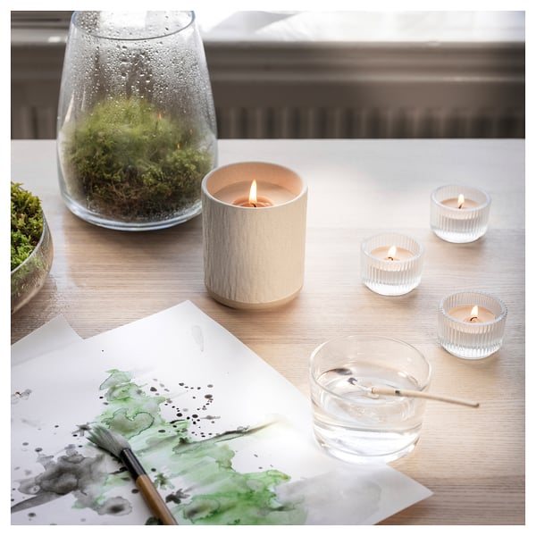 SILKESTRÄD شمعة معطرة في برطمان خزفي, ندى وطحلب/أبيض-مطفي, 45 س