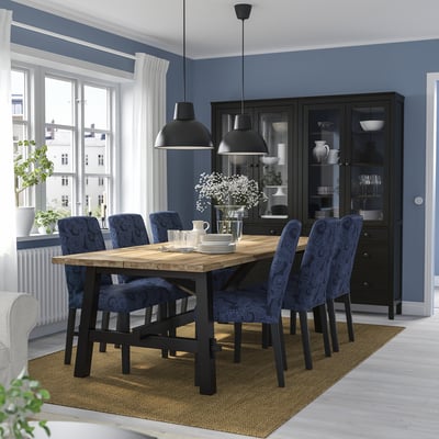 SKOGSTA / BERGMUND طاولة و 6 كراسي, سنط/Kvillsfors أزرق غامق/أزرق أسود, ‎235x100 سم‏