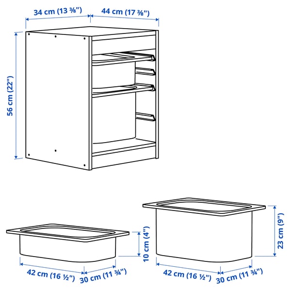 TROFAST تشكيلة تخزين مع صناديق, رمادي/رمادي غامق, 34x44x56 سم