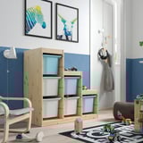 TROFAST تشكيلة تخزين مع صناديق, صنوبر مصبوغ أبيض فاتح أبيض/أزرق فاتح, ‎94x44x91 سم‏