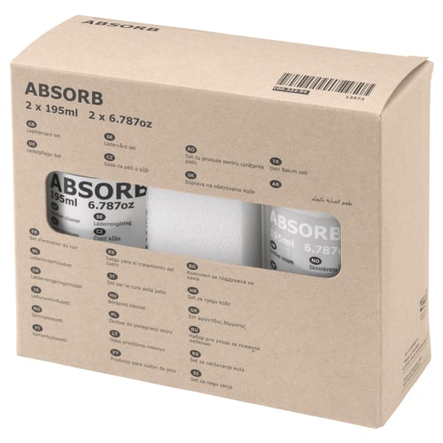 Box labelled ABSORB with leather care cleaner and cream bottles, multilingual text, and barcode.