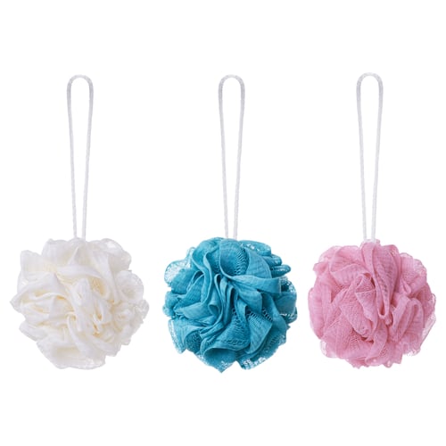 Three colourful mesh body puffs, white, turquoise, and pink, with hanging loops, arranged in a row.
