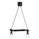 A black, wave-shaped pendant lamp with two frosted glass bulbs hanging from it.