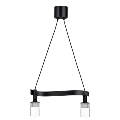 A black, wave-shaped pendant lamp with two frosted glass bulbs hanging from it.