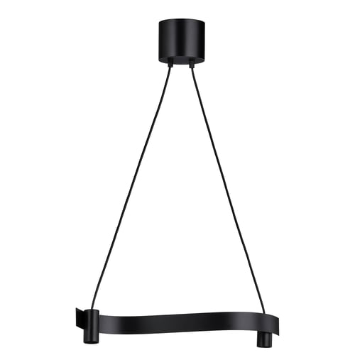 ACKJA black pendant lamp, wave-shaped, steel & plastic, hangs above tables, modern design.