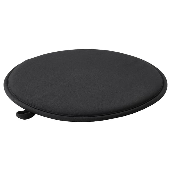 ÄNGSFRÄKEN: black circular chair pad, recycled polyester, anti-slip, comfort design.