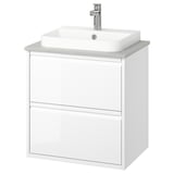 ÄNGSJÖN / BACKSJÖN Wash-stnd w drawers/wash-basin/tap, high-gloss white/grey stone effect, 62x49x71 cm