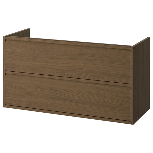 The ÄNGSJÖN bathroom cabinet in a dark wood finish. It two drawers with integrated handles, designed to be wall-mounted or used with a countertop.