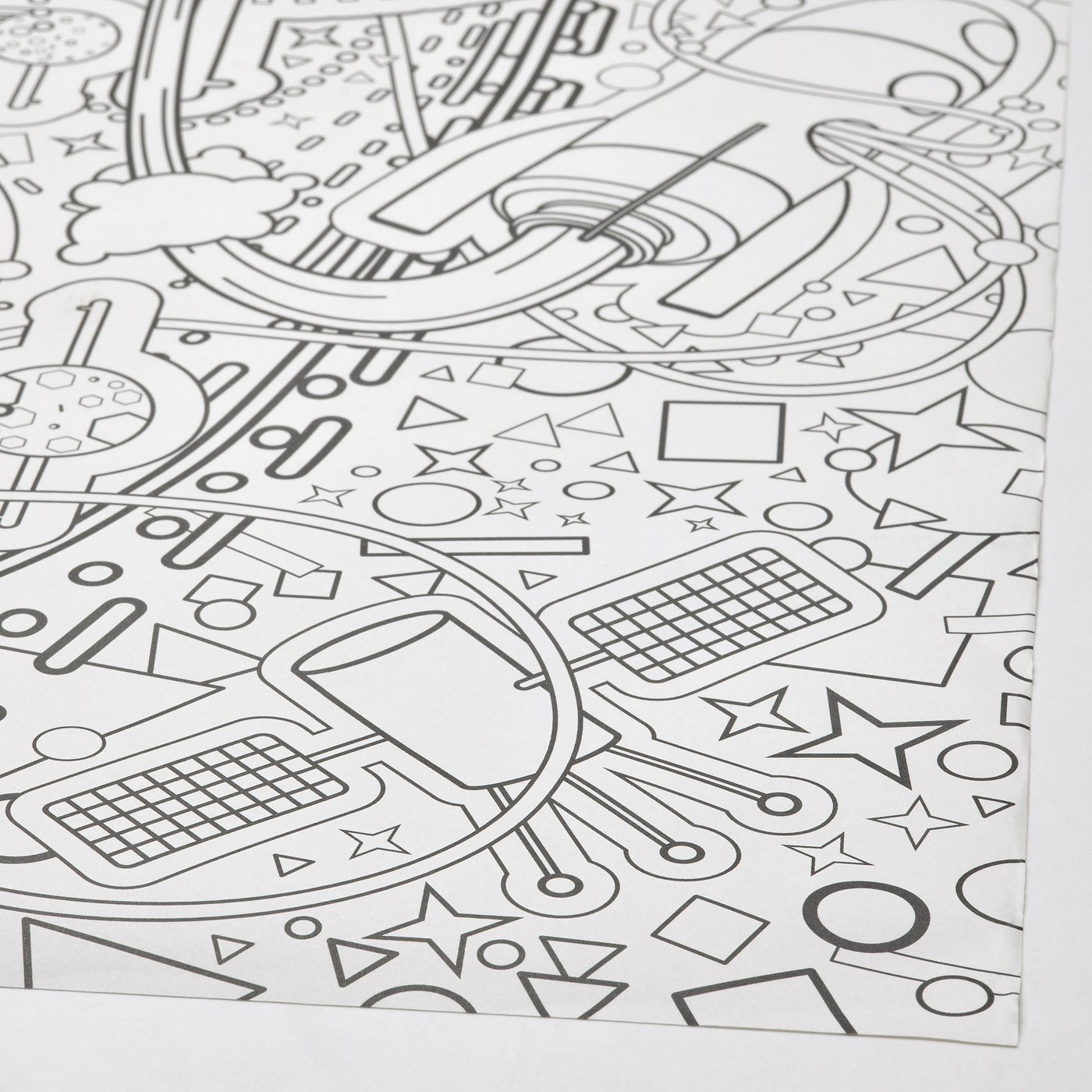 Black and white intricate space-themed colouring page design on high-quality paper.