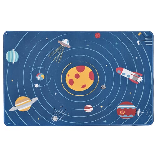 Space-themed blue desk pad with planets, rockets, and stars. Circular design, durable recycled polyester.
