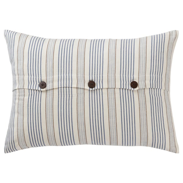 ÅKERNEJLIKA striped cushion cover, beige & blue, rectangular with button closure, handwoven cotton.