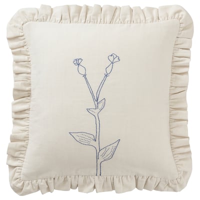 Embroidered cream cushion, blue floral design, ruffled edges, cotton material.