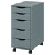 A blue ALEX drawer unit. Its rectangular with five pull-out drawers, each having cut-out handles. Four casters at the base allow for easy movement.