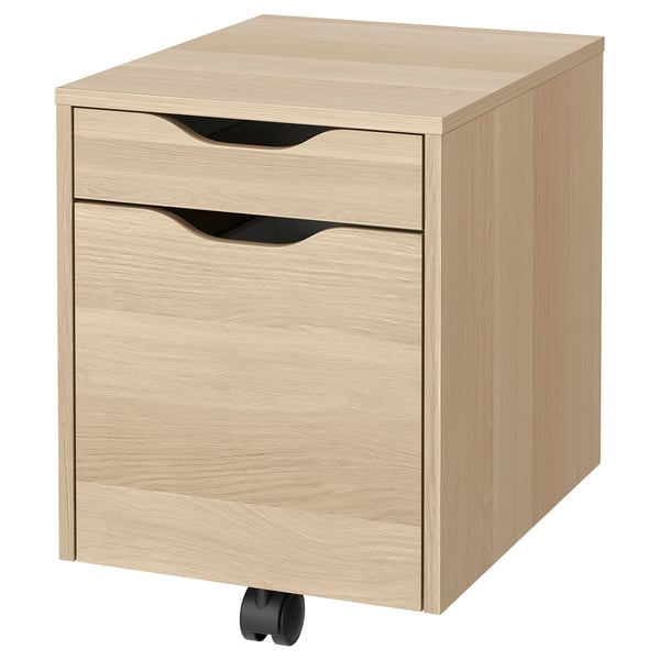 ALEX file cabinet, light oak, two drawers, boxy design, casters.
