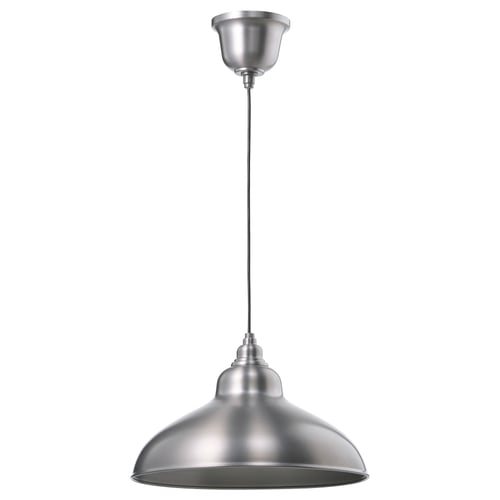 Modern ANKARSPEL pendant lamp, pewter-colored metallic shade, hanging cord, industrial design.