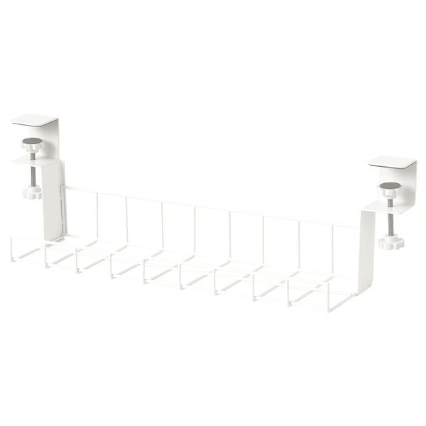 White under-table cable management system, featuring two table clamps and a shelf. Ideal for organising cords and cables.