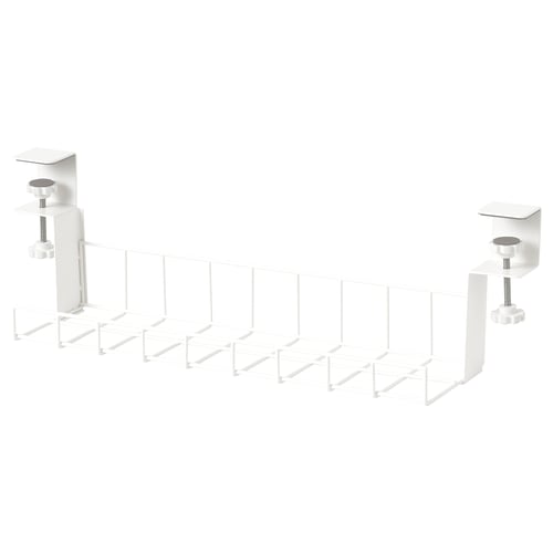 White under-table cable management system, featuring two table clamps and a shelf. Ideal for organising cords and cables.