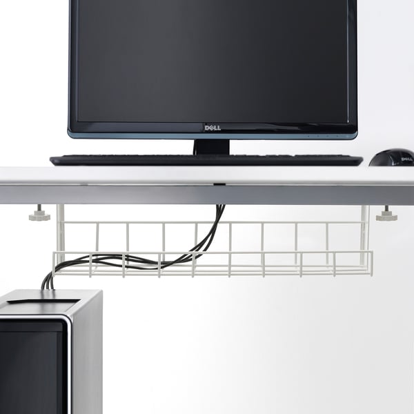 Under-desk cable management shelf, organising wires efficiently for a tidy workspace.
