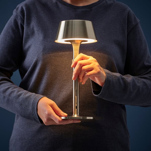 AVHÅLL LED portable lamp, battery-operated dimmable/nickel-plated outdoor, 29 cm