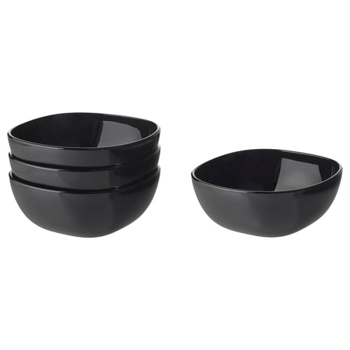 Two stacks of black bowls, glossy and square-shaped, made of tempered glass.