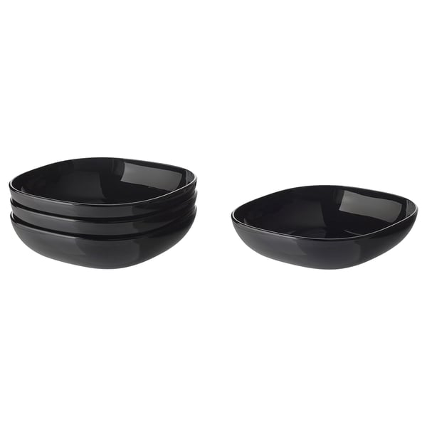 Two shiny black bowls, one stack of three and one single, square-shaped, made of tempered glass.