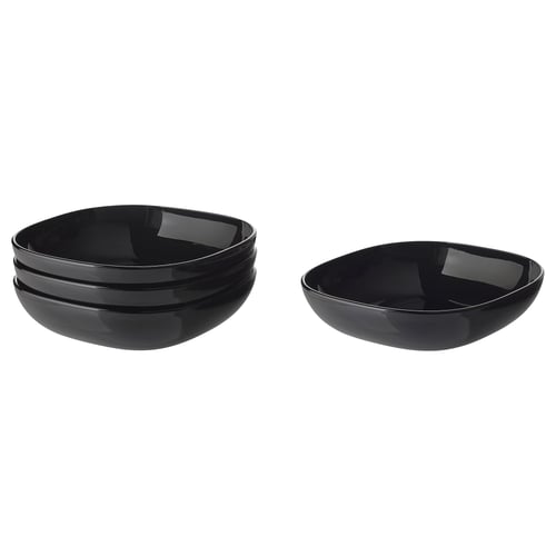 Two shiny black bowls, one stack of three and one single, square-shaped, made of tempered glass.
