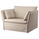 An off-white, rectangular armchair with padded cushions. It has a modern design with clean lines and removable, machine-washable fabric.