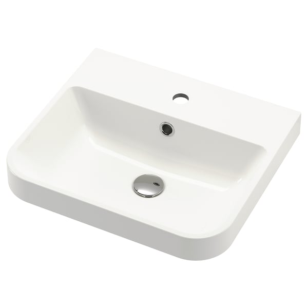 BACKSJÖN white marble sink, modern, semi-recessed design, chrome drain and tap holes, sleek edge, clean look.