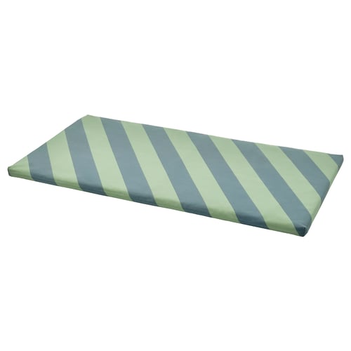 Striped green and grey toddler seat cushion, rectangular, soft for comfort.