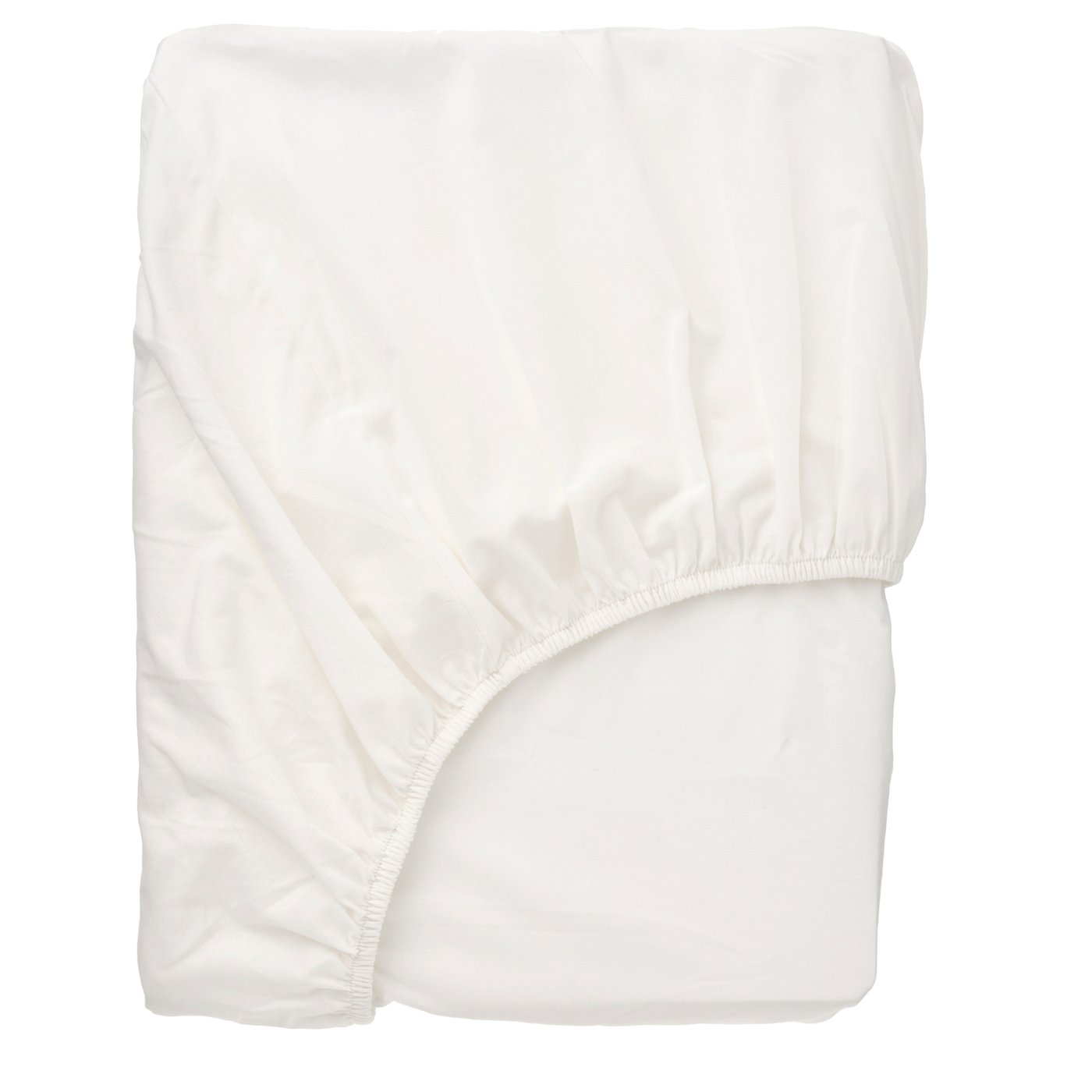 A white, folded organic cotton fitted sheet by BALSAMPOPPEL. Its square and has elastic edges for mattresses up to 26 cm thick.