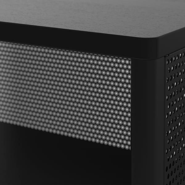 Modern, sturdy desk with metallic perforated sides, designed for durability and sleek appearance.