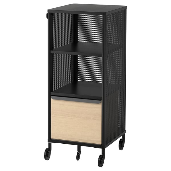 Black BEKANT rolling storage unit with wood panel, metal mesh, and wheels.