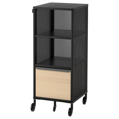 Black BEKANT rolling storage unit with wood panel, metal mesh, and wheels.